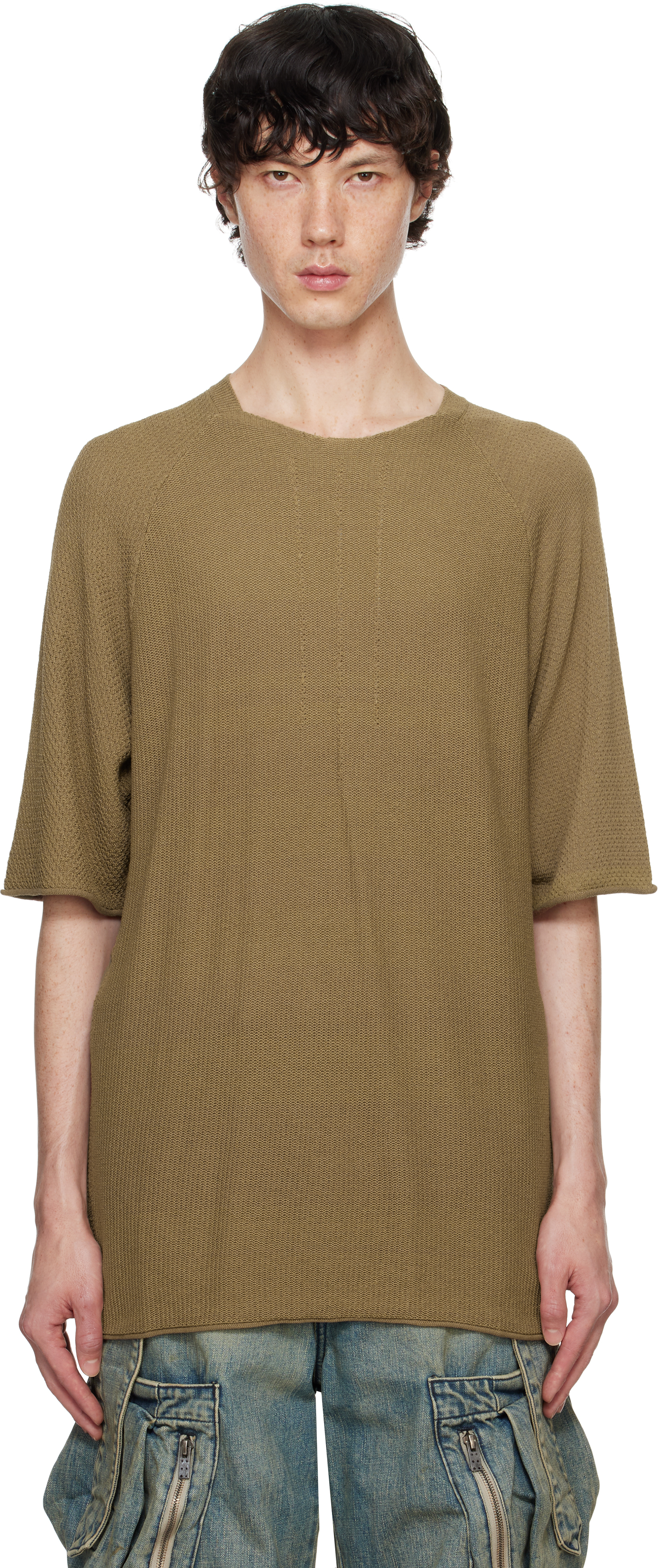 Shop Devoa Khaki Short Sleeve Knit T-shirt In Mustard