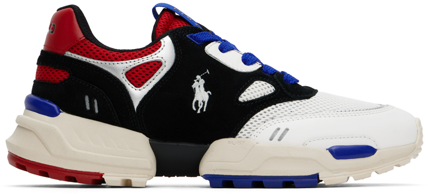 Shop Polo Ralph Lauren White & Black Jogger Leather Sneakers In Blck/sapphir Str/red