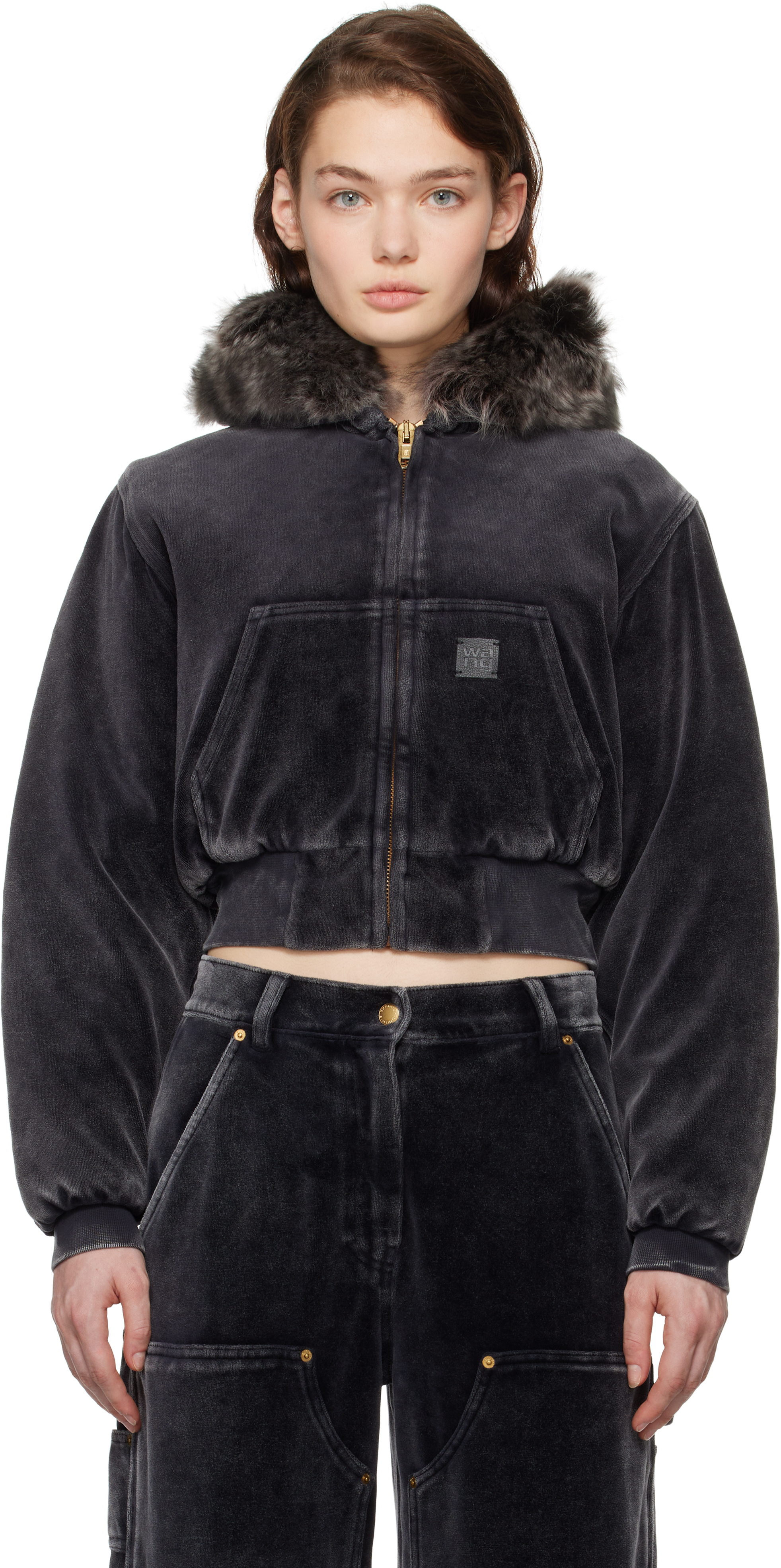 alexanderwang. t Black Velour Workwear Shearling Trim Jacket