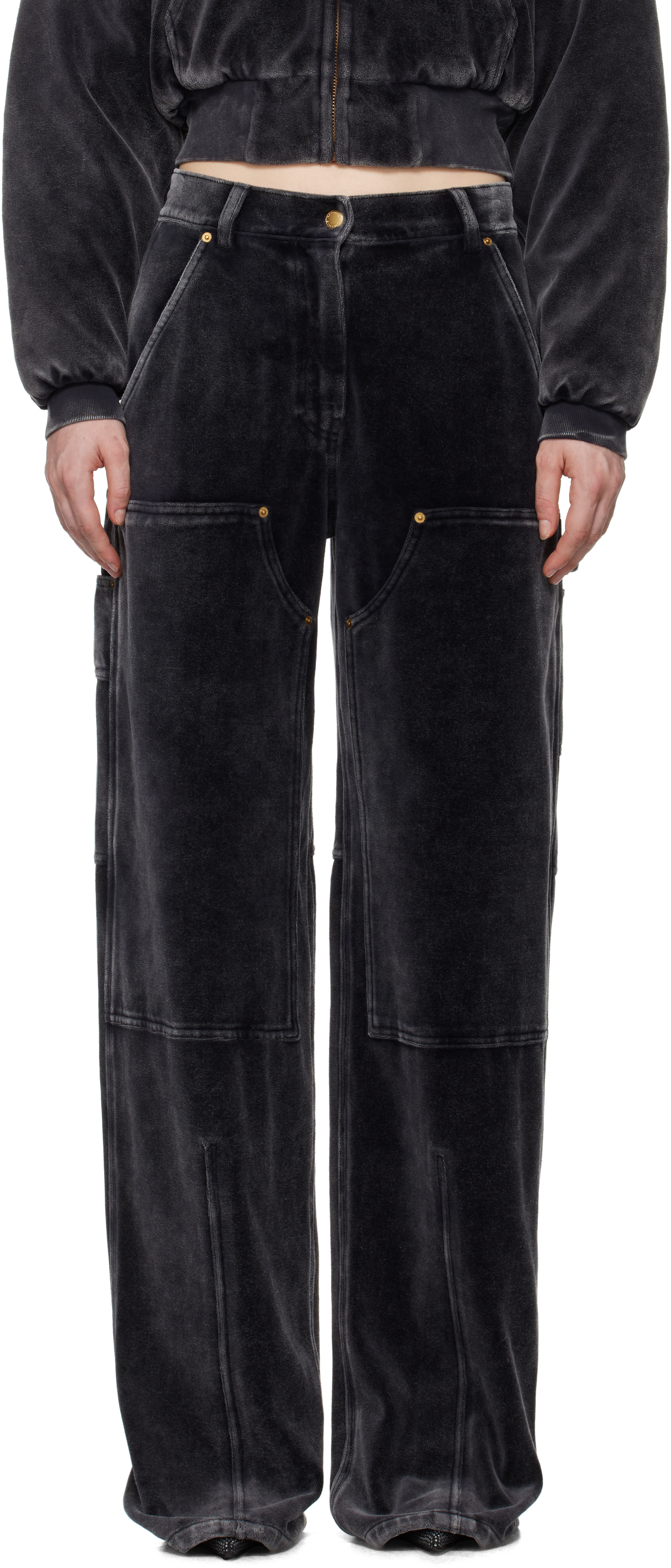 Alexander Wang T Black Crushed Velour Workwear Lounge Pants In 066a Washed Slate