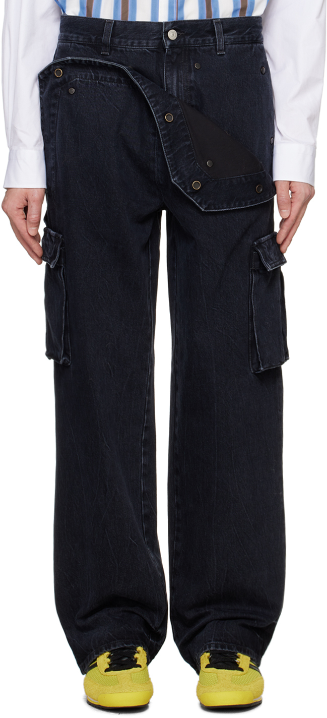 Shop Le Pere Black Peek-a-boo Denim Cargo Pants