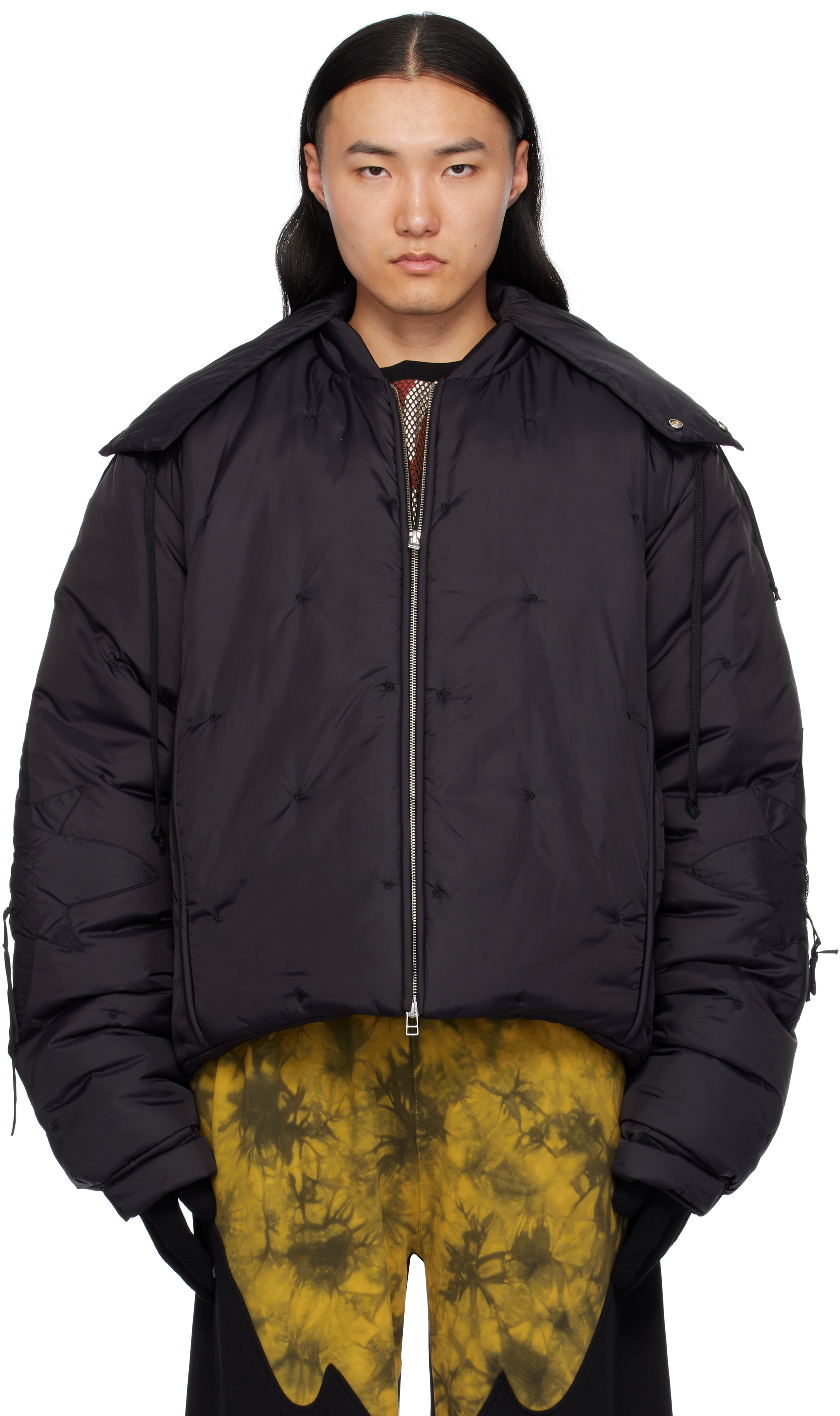 Shop Kusikohc Black Flower Puffer Bomber Jacket