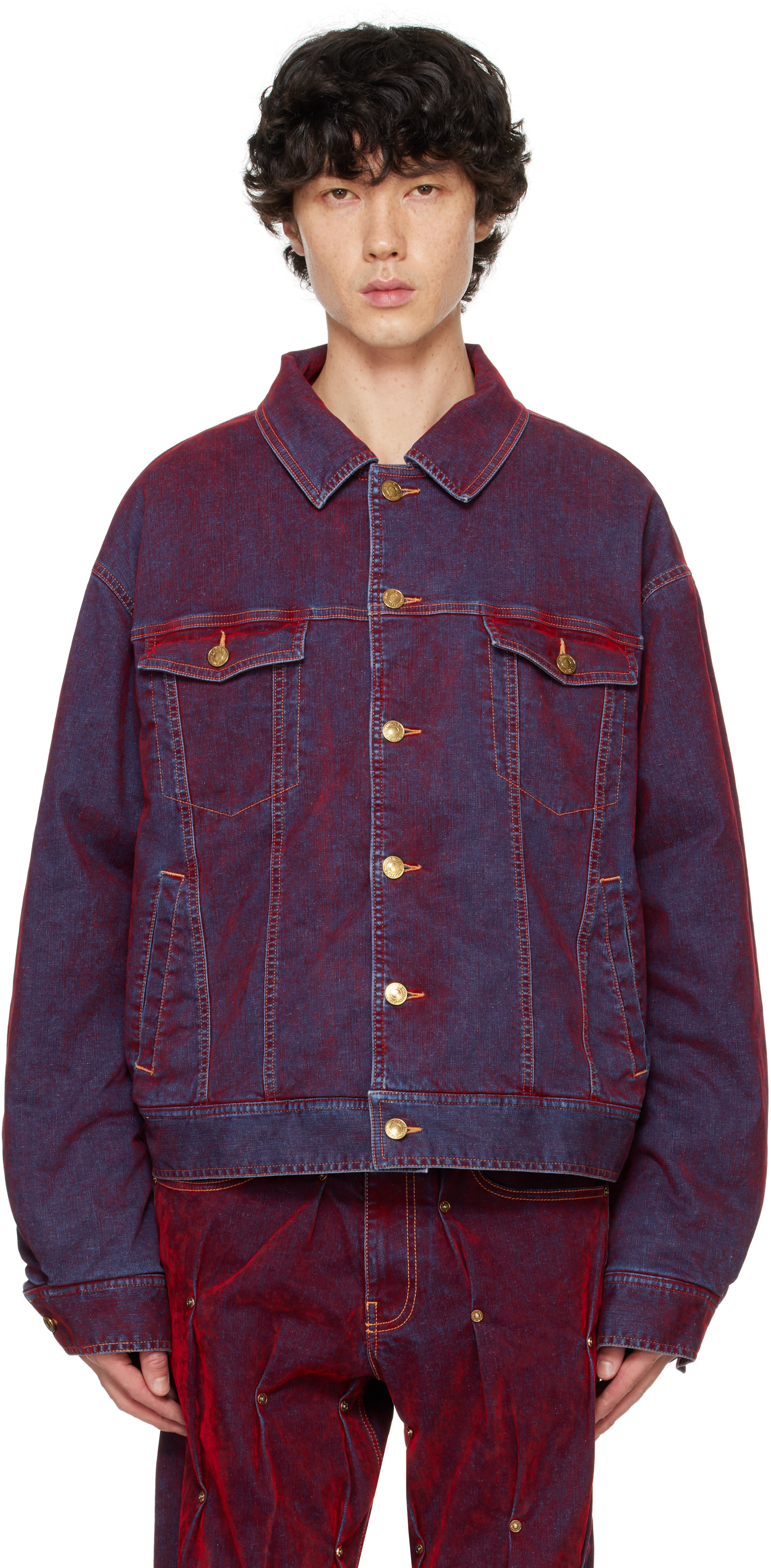 Red Velvet Padded Multi Rivet Denim Jacket