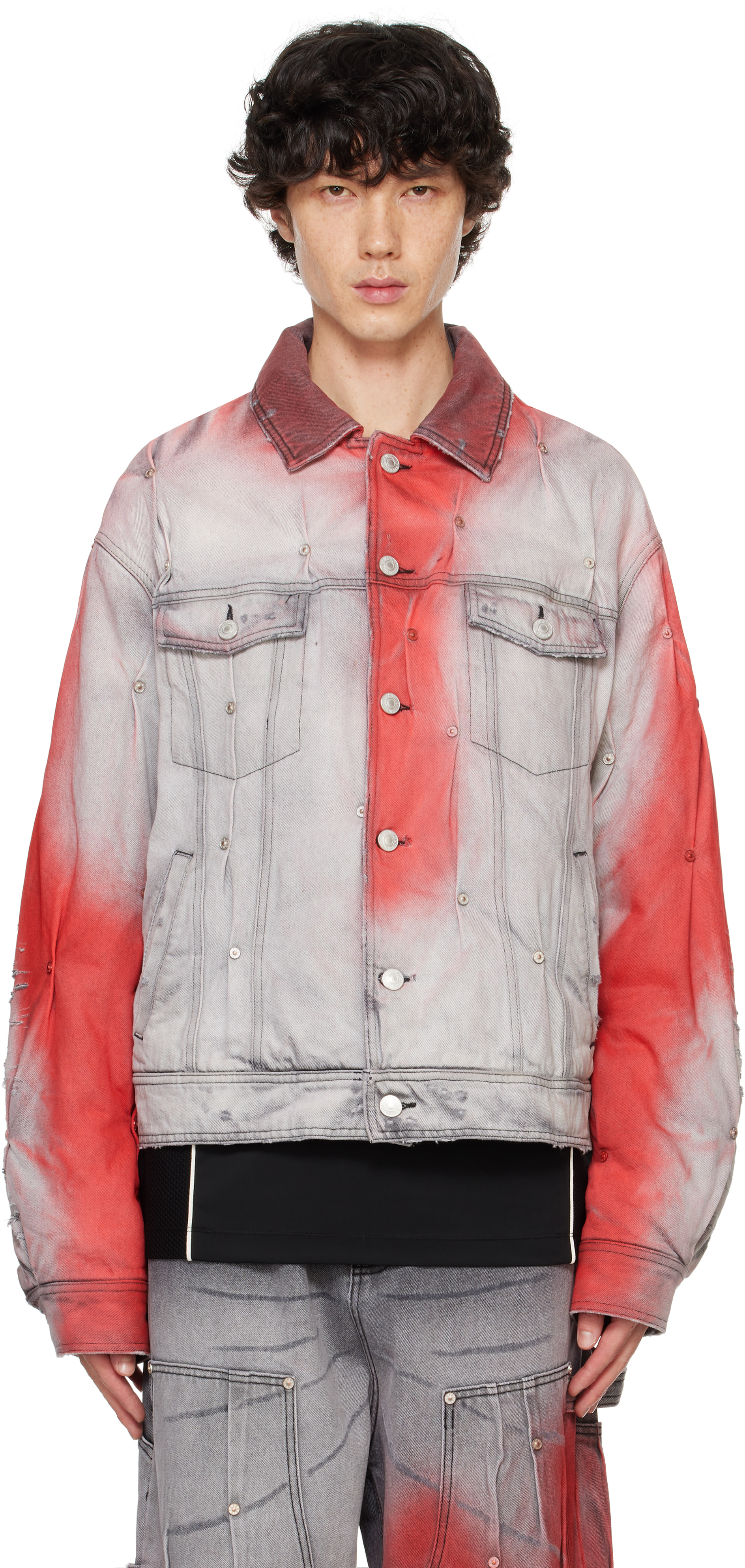 Gray & Red Padded Multi Rivet Denim Jacket