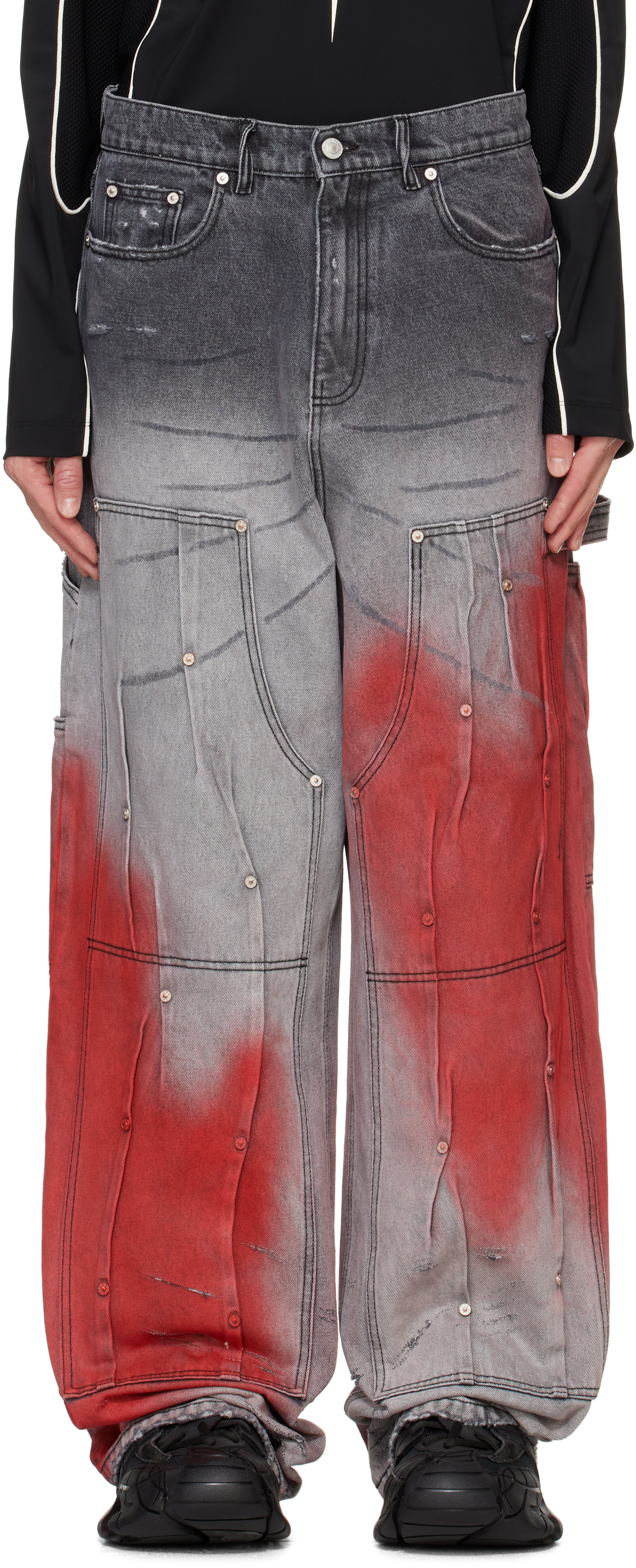 Gray & Red Workwear Multi Rivet Jeans by KUSIKOHC on Sale