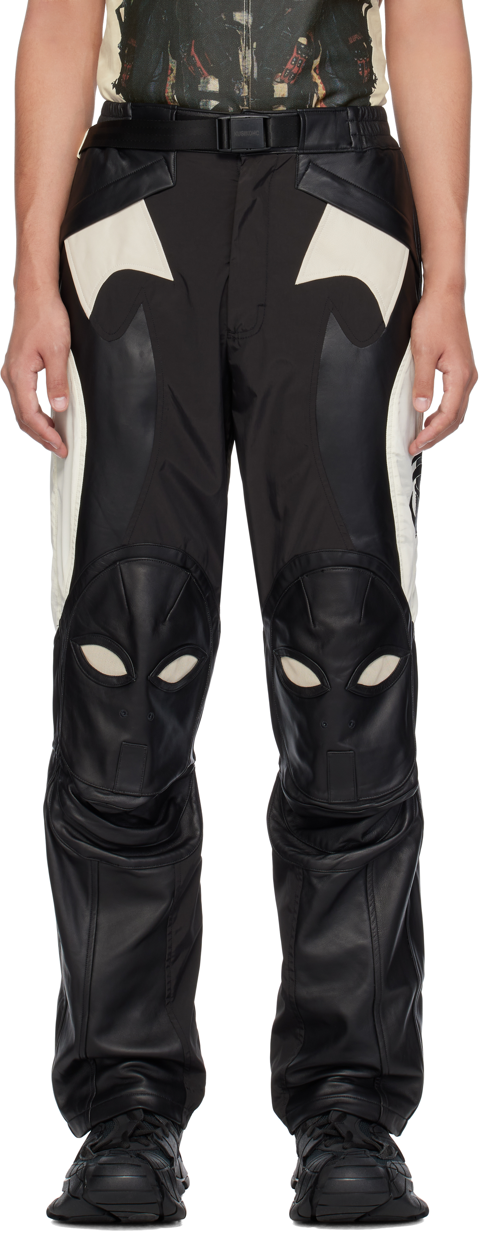 Black & Beige Rider Leather Pants