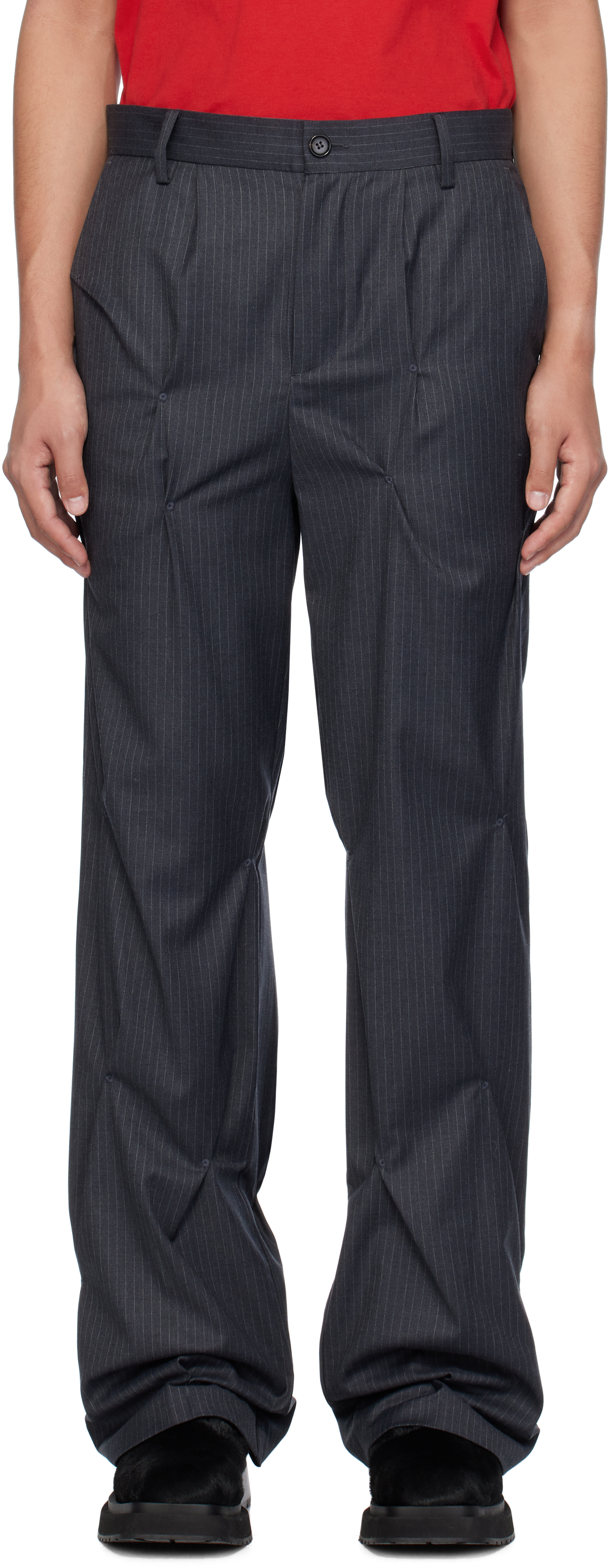 Shop Kusikohc Gray Pinstripe Tailored Rivet Trousers