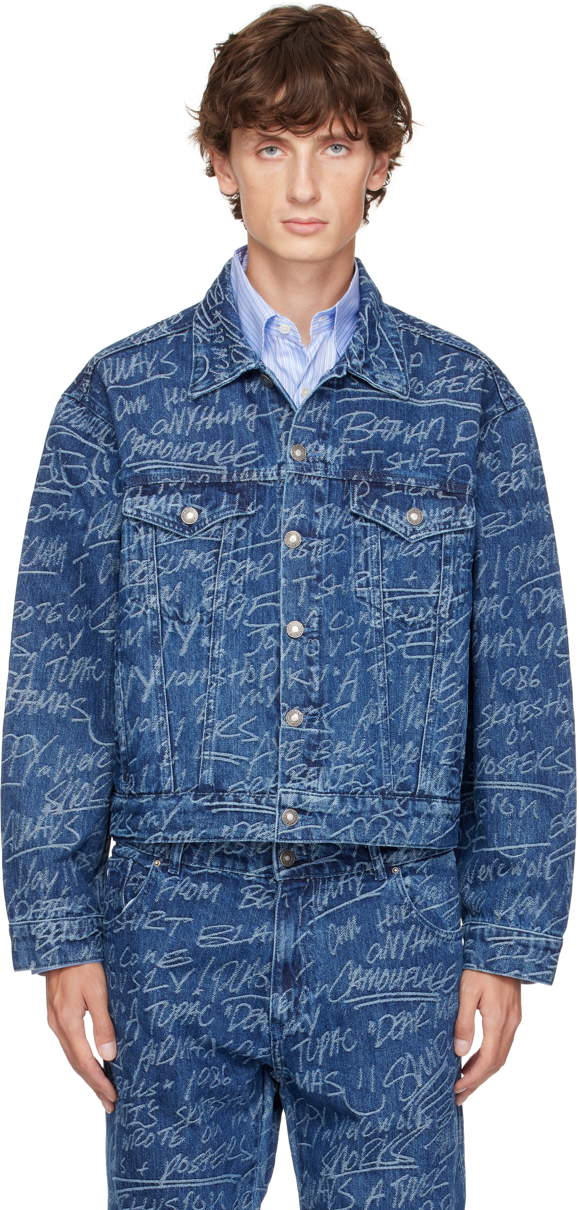 Shop Sky High Farm Workwear Navy Ks Graffiti Denim Jacket In Dark Blue