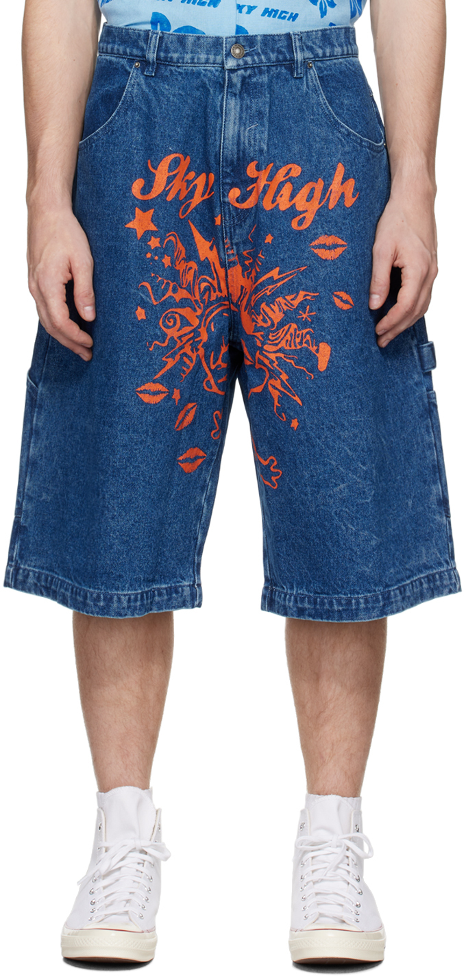 Shop Sky High Farm Workwear Blue Mindblown Print Denim Shorts