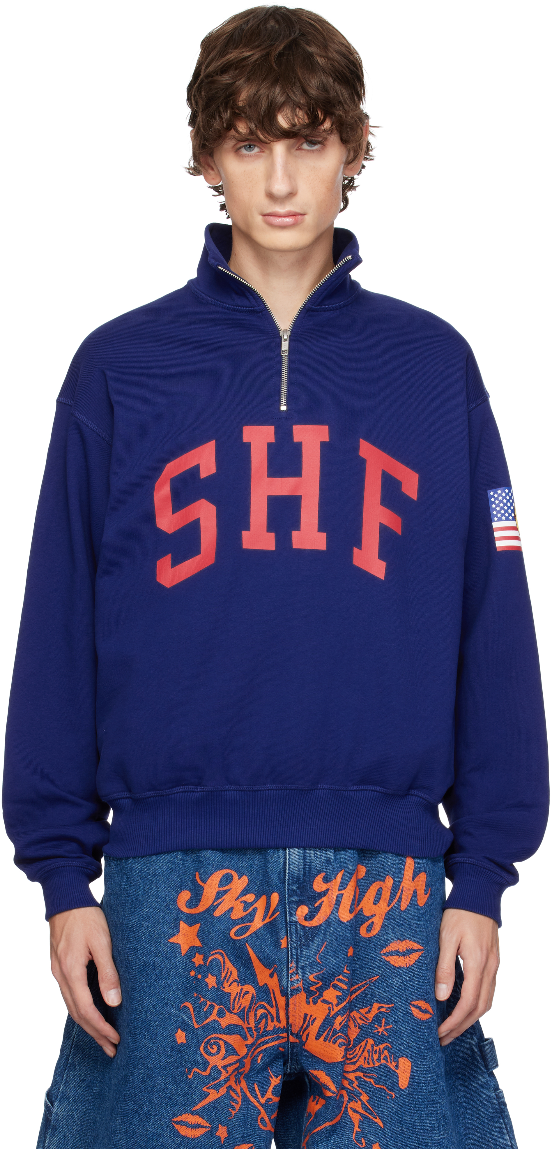 Blue 'SHF' Quarter Zip Sweater