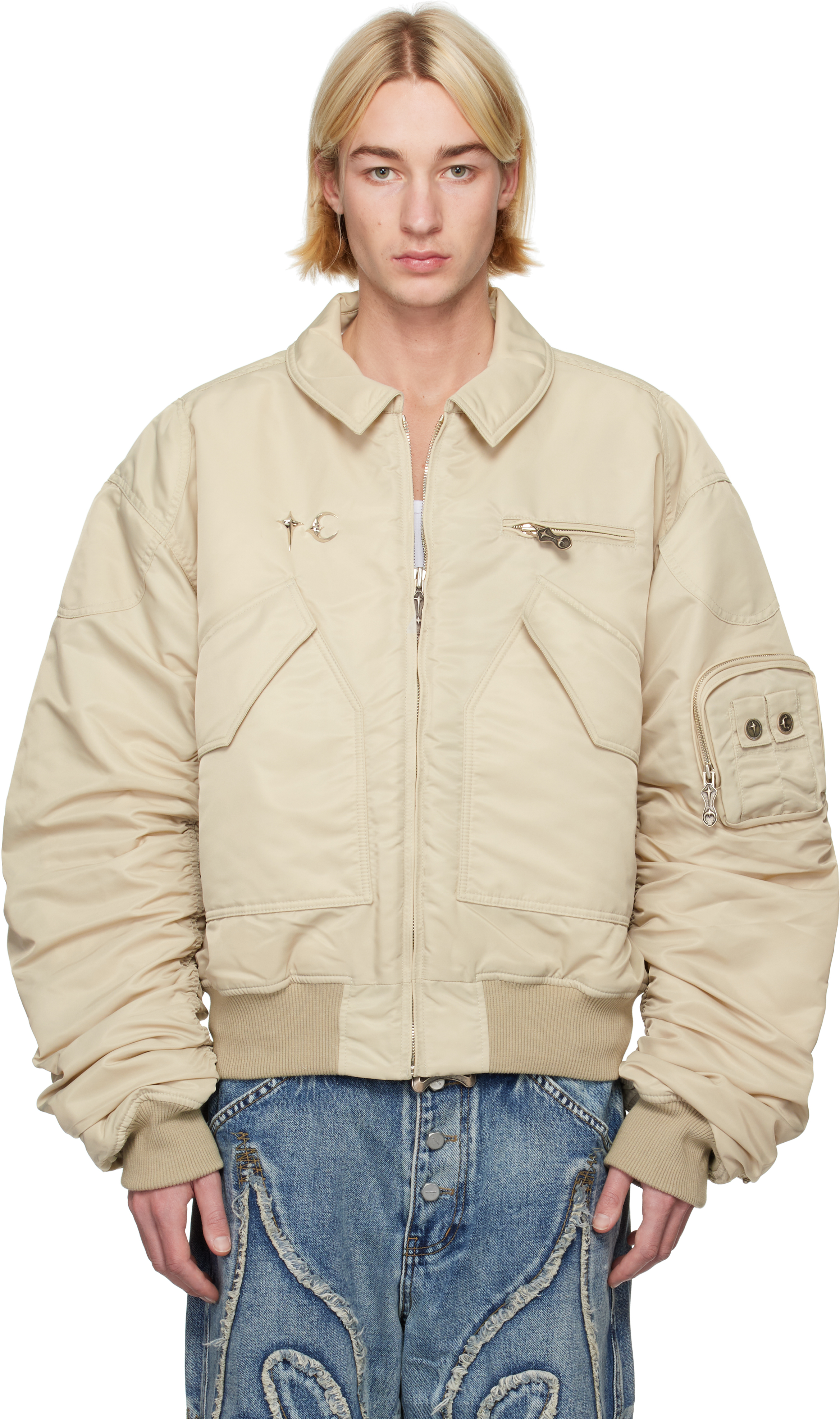 Shop Thug Club Beige 'a Wingless Bird' Bomber Jacket In Ivory