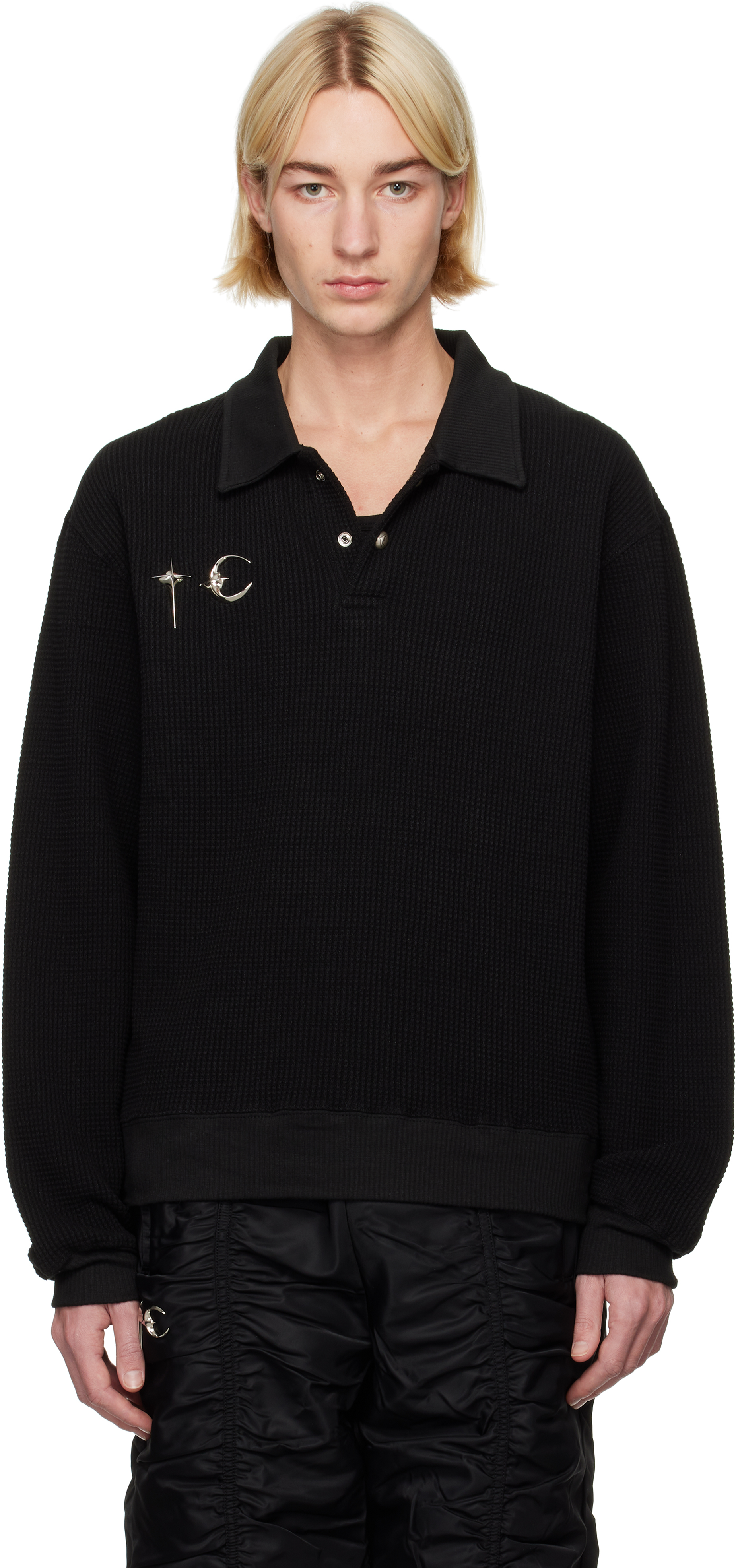 Thug Club Black Waffle-Knit Long Sleeve Polo | Smart Closet