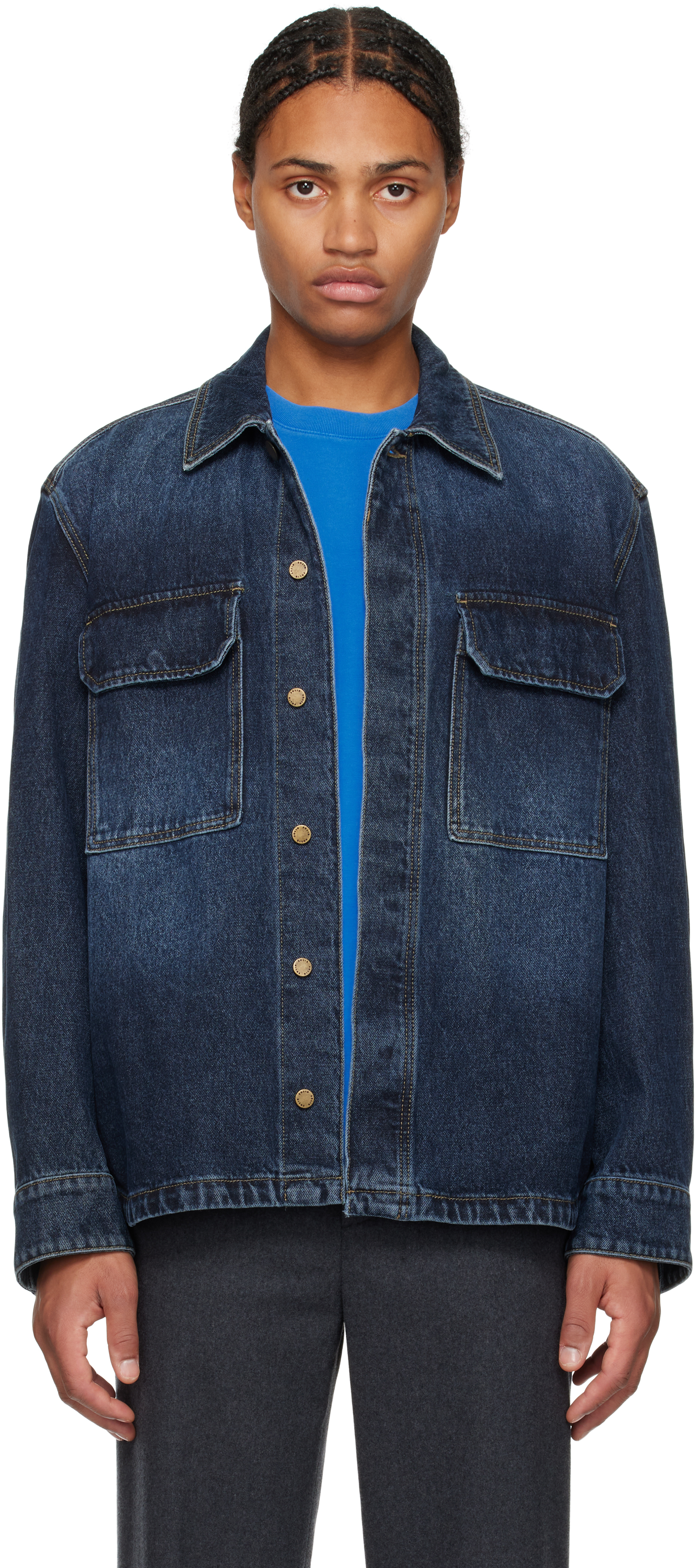 Solid Homme Blue Outer Denim Overshirt In 571n Navy