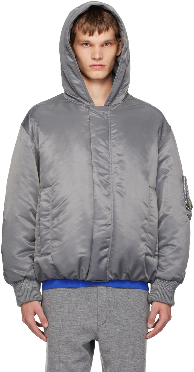 Shop Solid Homme Gray Hooded Bomber Jacket In 402g Grey