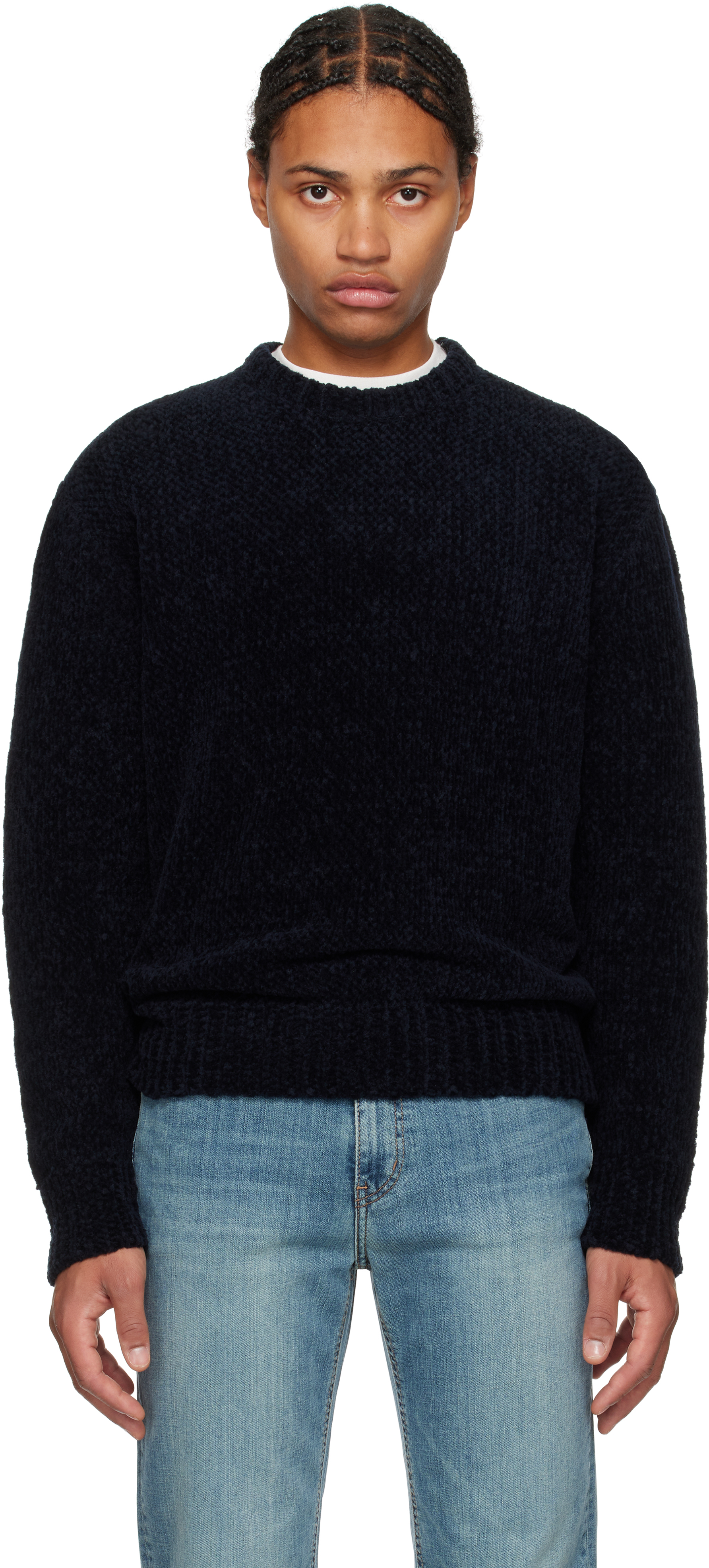 Navy Round Neck Chenille Textured Knit Sweater