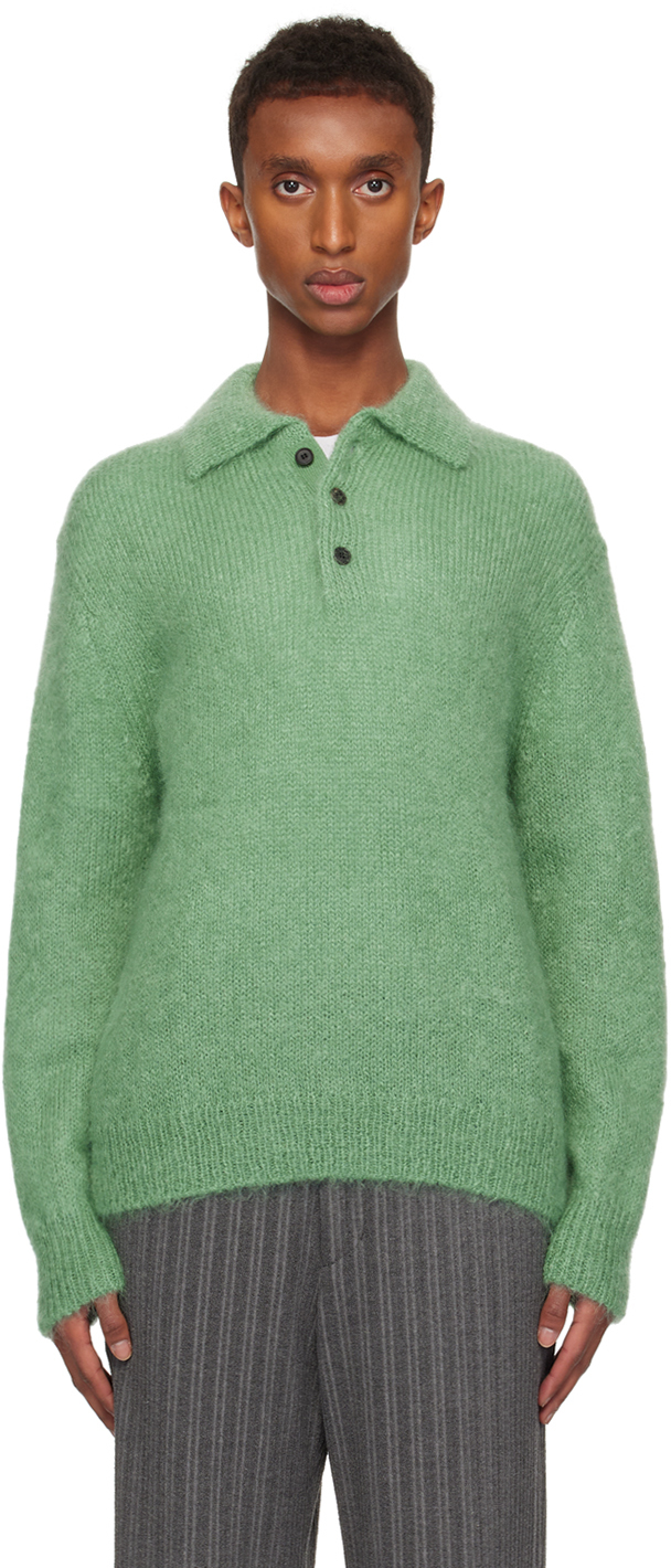 Shop Solid Homme Green Mohair Collar Neck Knit Polo In 614f Fresh Green