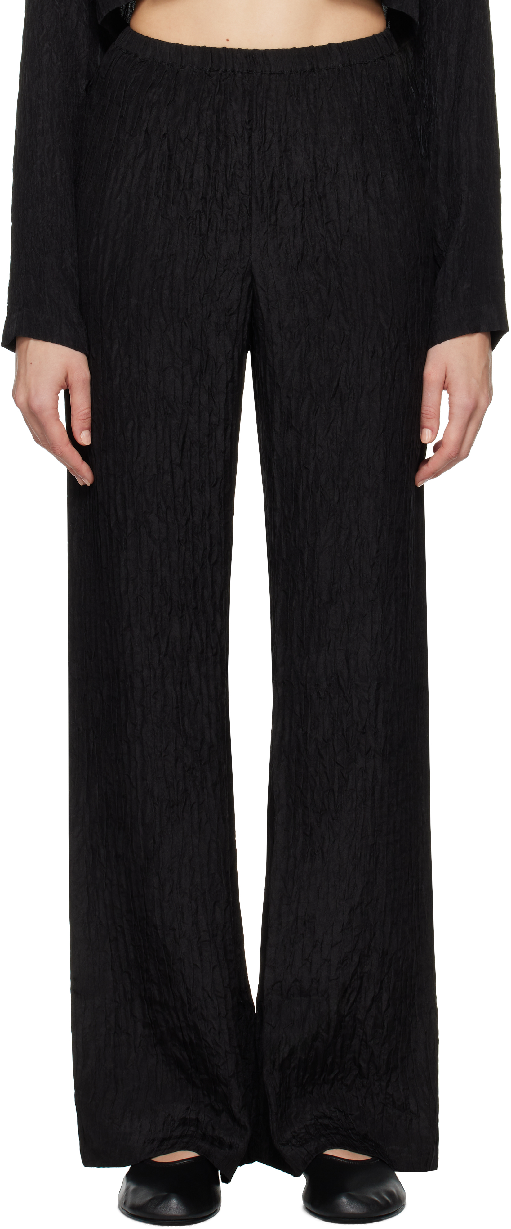 Shop Silk Laundry Black Crinkle Flare Lounge Pants