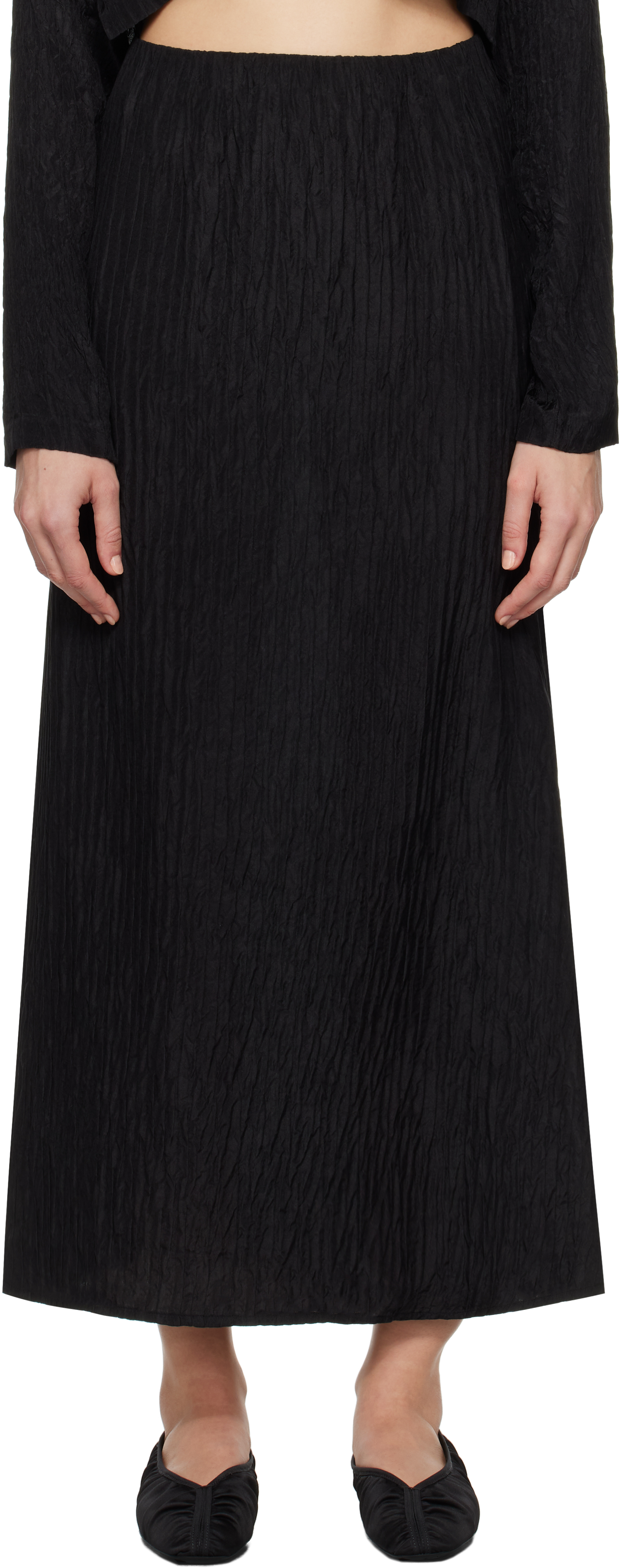 Black Crinkle Long Bias-Cut Skirt