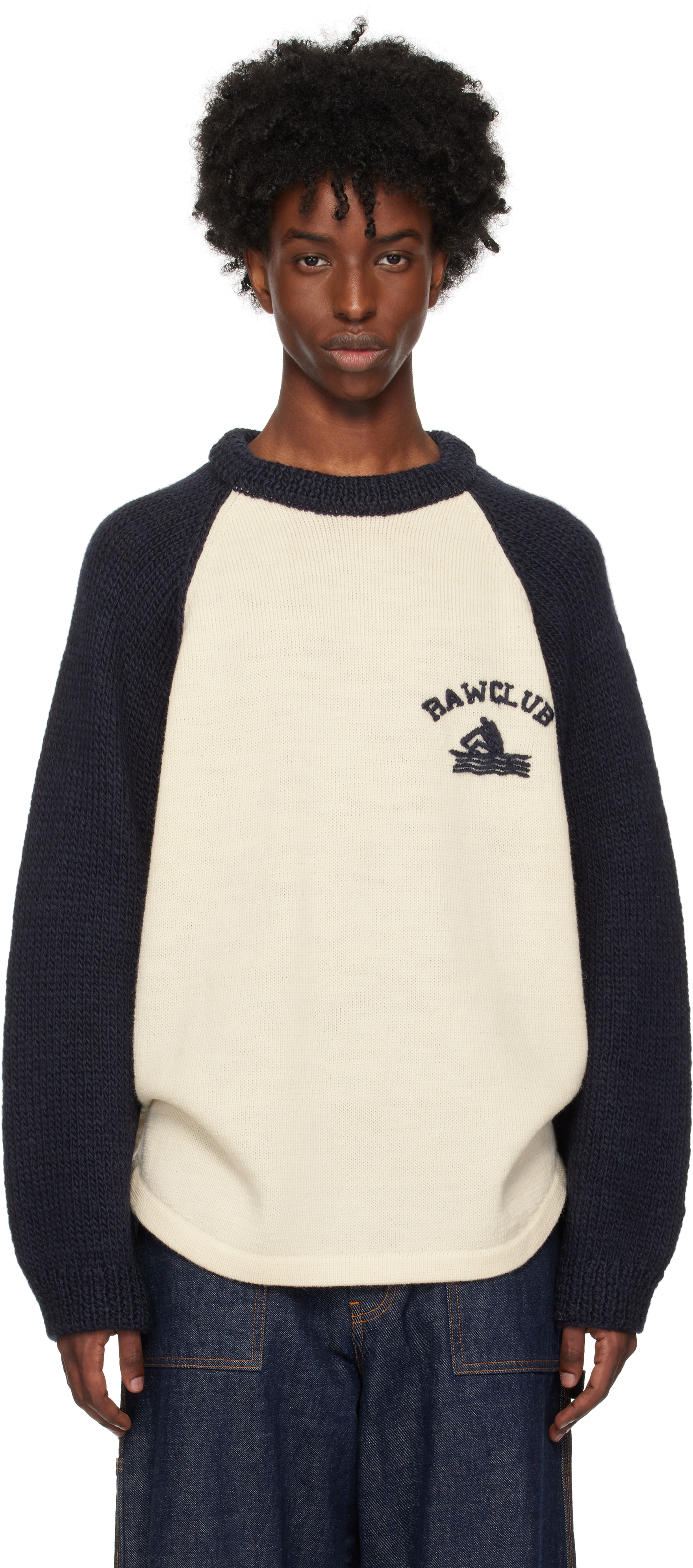 Shop Rice Nine Ten Navy & Beige Hand Knitted Raglan Sweater