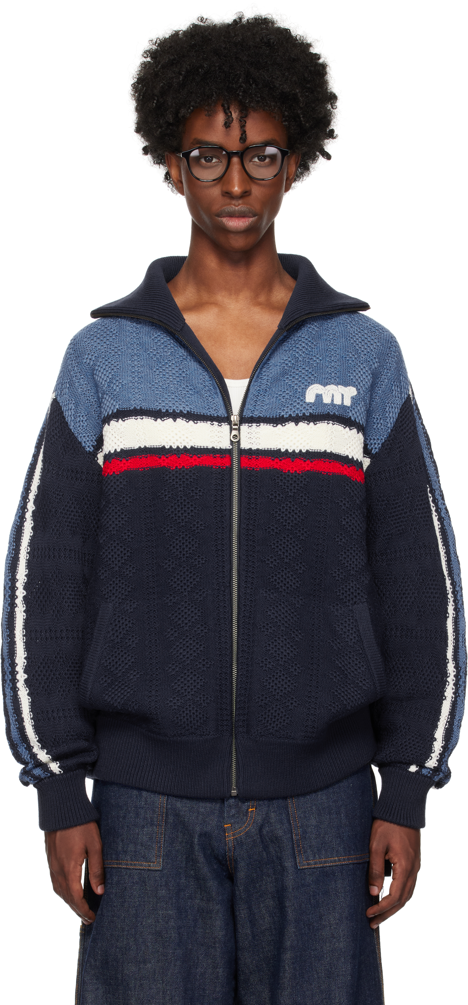 Shop Rice Nine Ten Navy Knitting Track Jacket