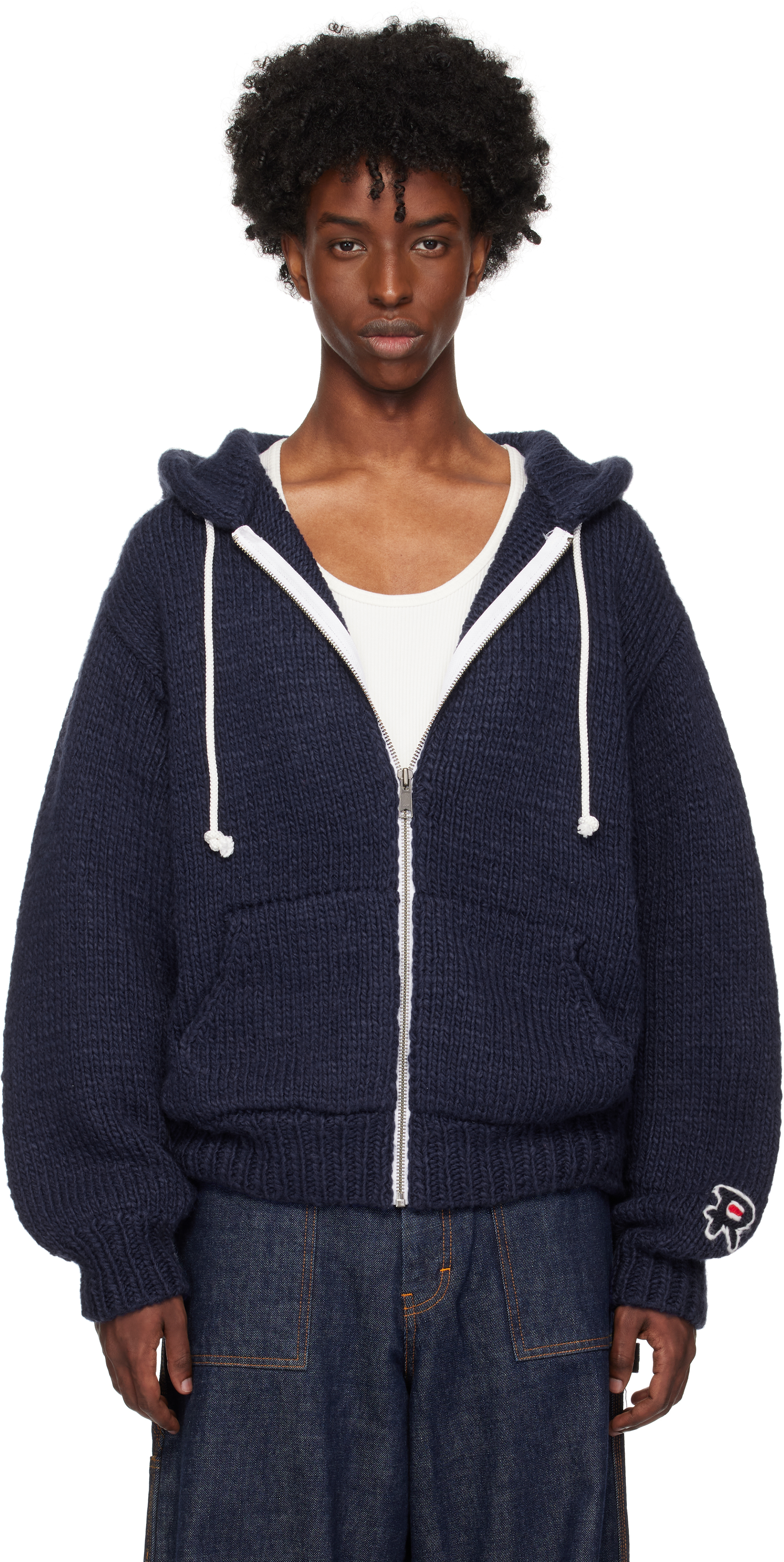 Shop Rice Nine Ten Navy Hand Knitted Zip Hoodie