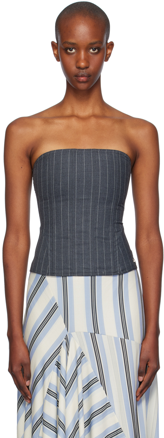 Shop Miaou Gray Libra Corset In Pinstripe Wool