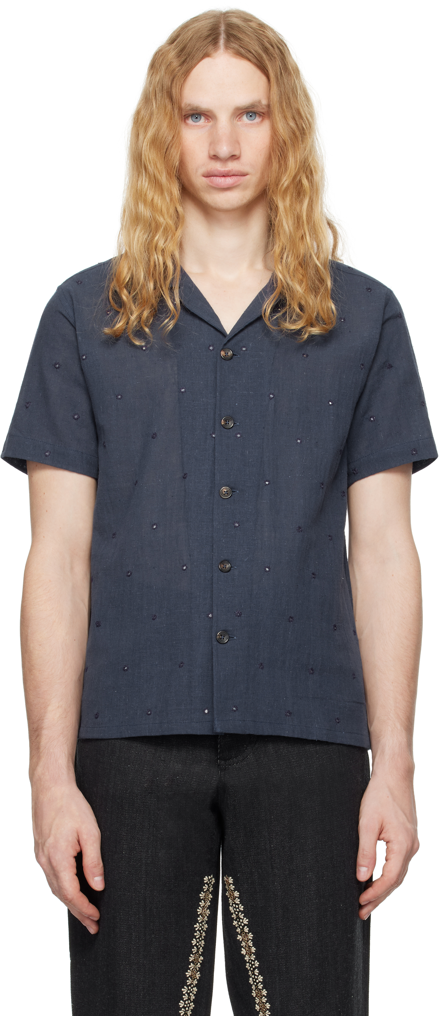 Shop Kartik Research Navy Mirror Camp Shirt