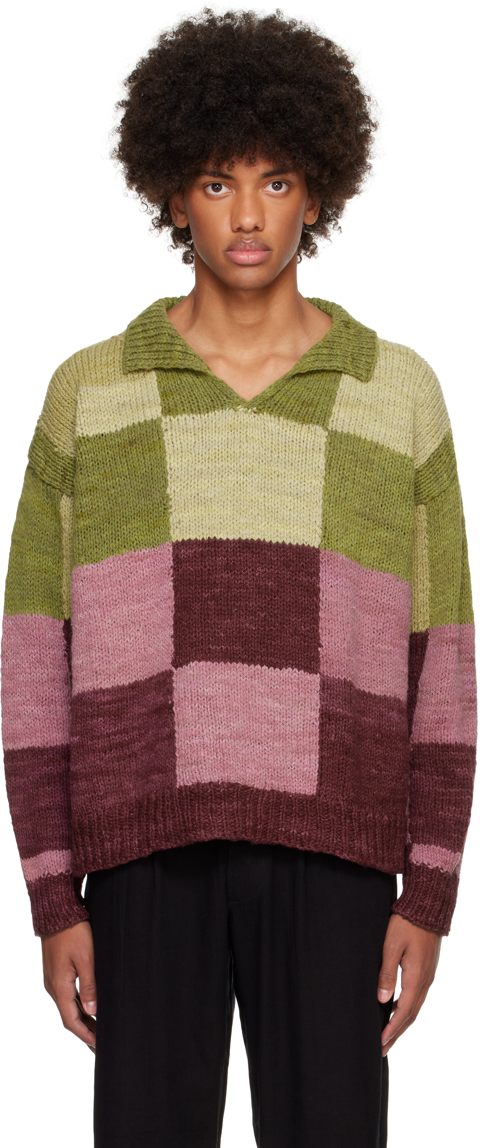 Green & Pink Wool Rugby Knit Sweater