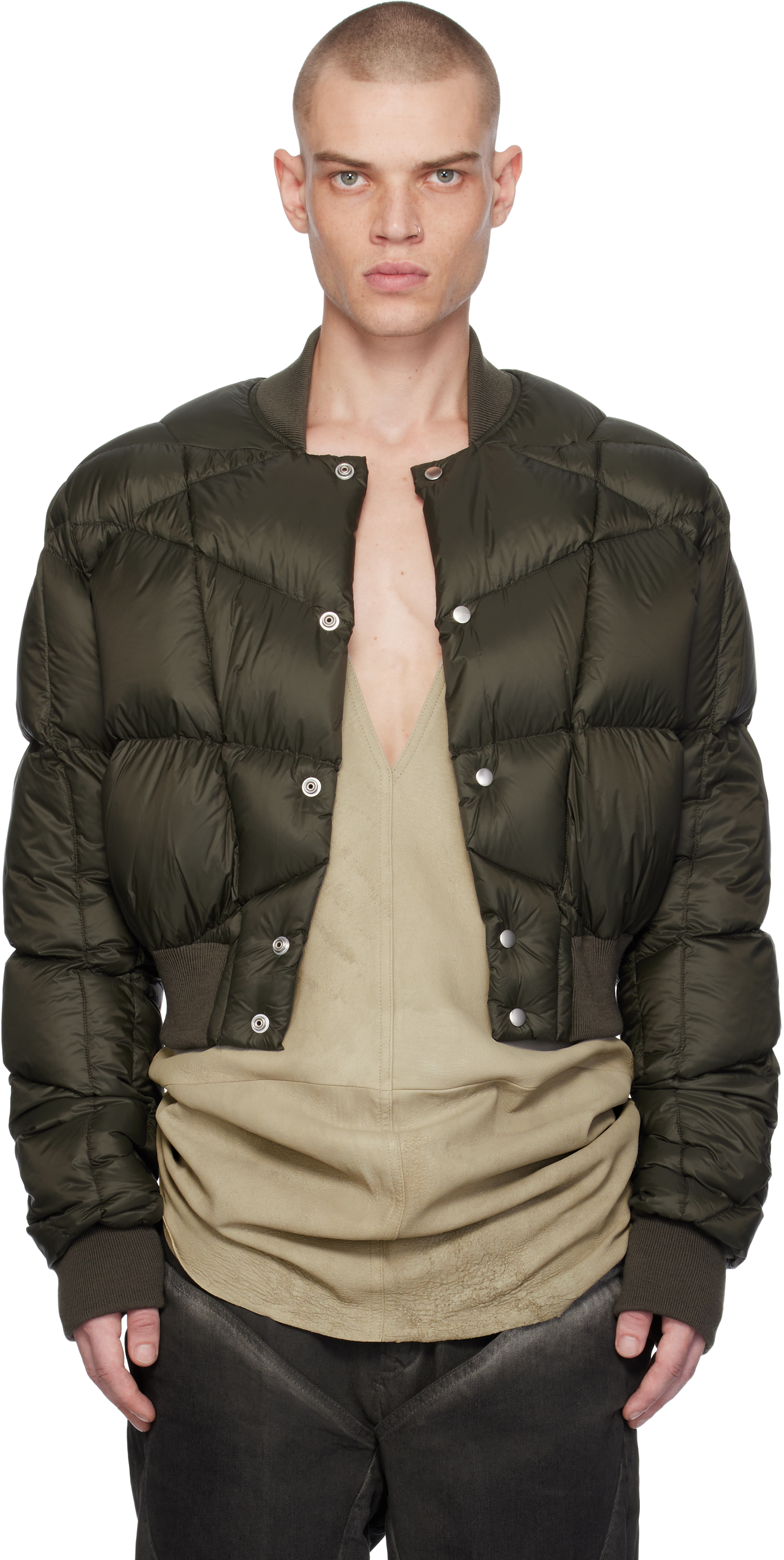 Shop Rick Owens Khaki Porterville Cropped Flight Down Bomber Jacket In 75 Forest