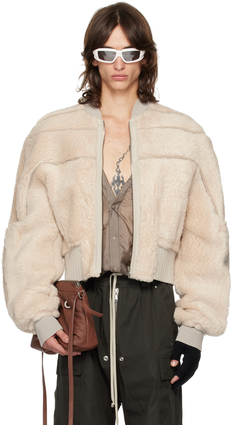 Shop Rick Owens Off-white Porterville Girdered Reversible Shearling Bomber Jacket In 808 Pearl/pearl