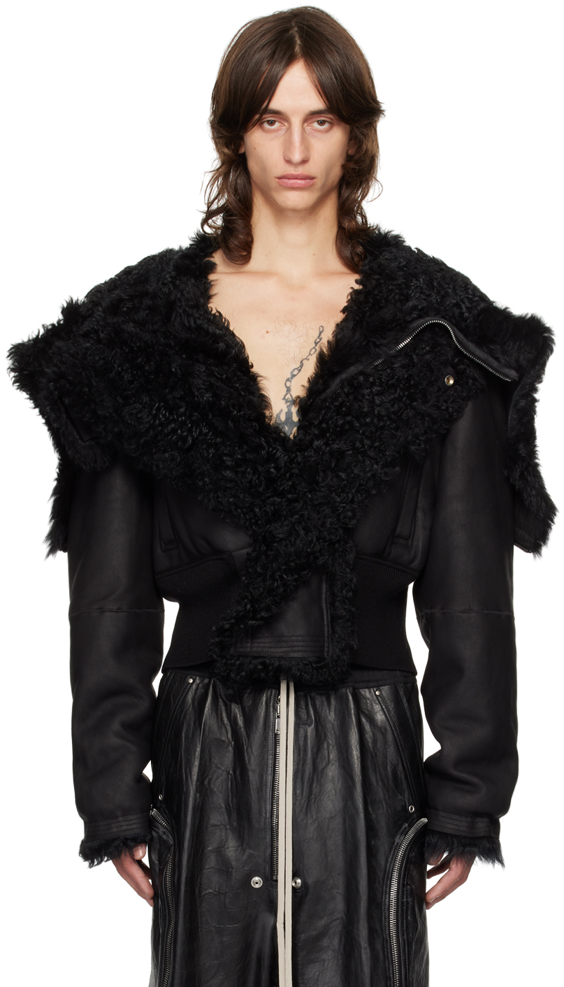 RICK OWENS BLACK PORTERVILLE CROPPED ALICE REVERSIBLE SHEARLING BOMBER JACKET 