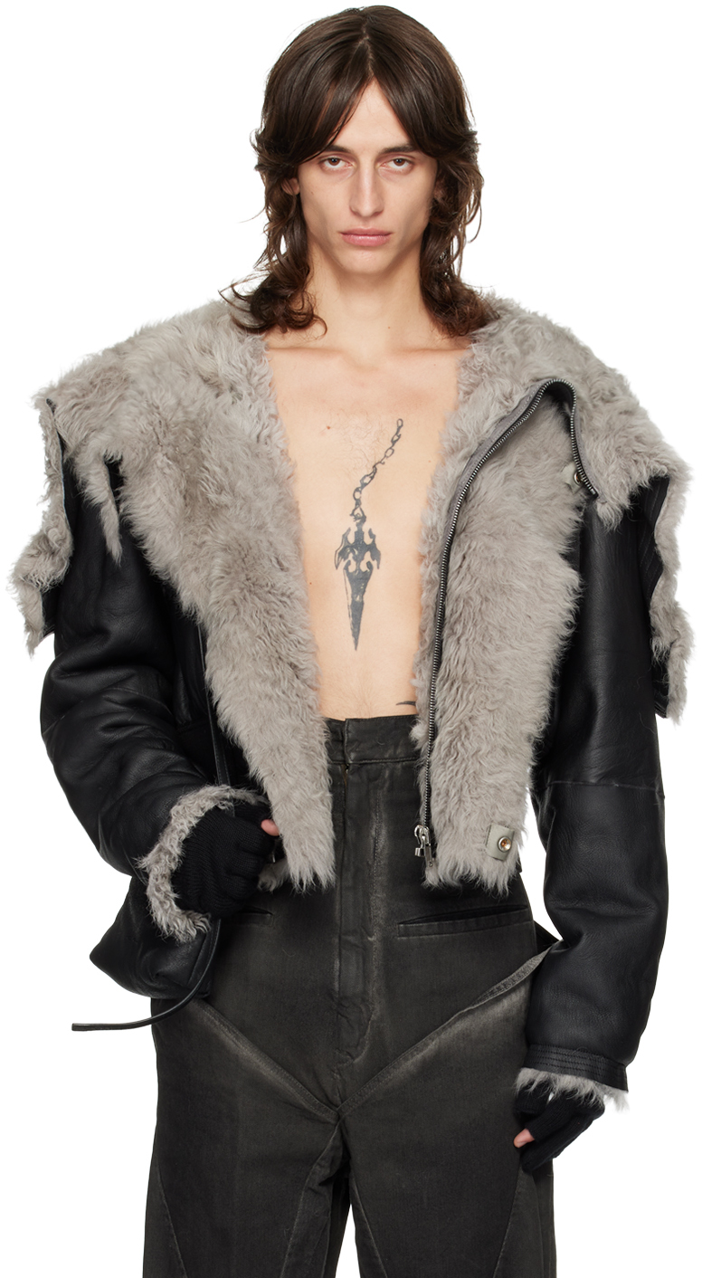 RICK OWENS BLACK PORTERVILLE CROPPED ALICE SHEARLING PARKA 