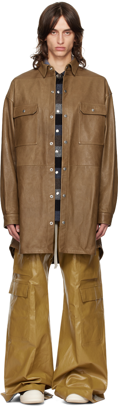 Shop Rick Owens Khaki Porterville Oversized Leather Shirt In 35 Bean