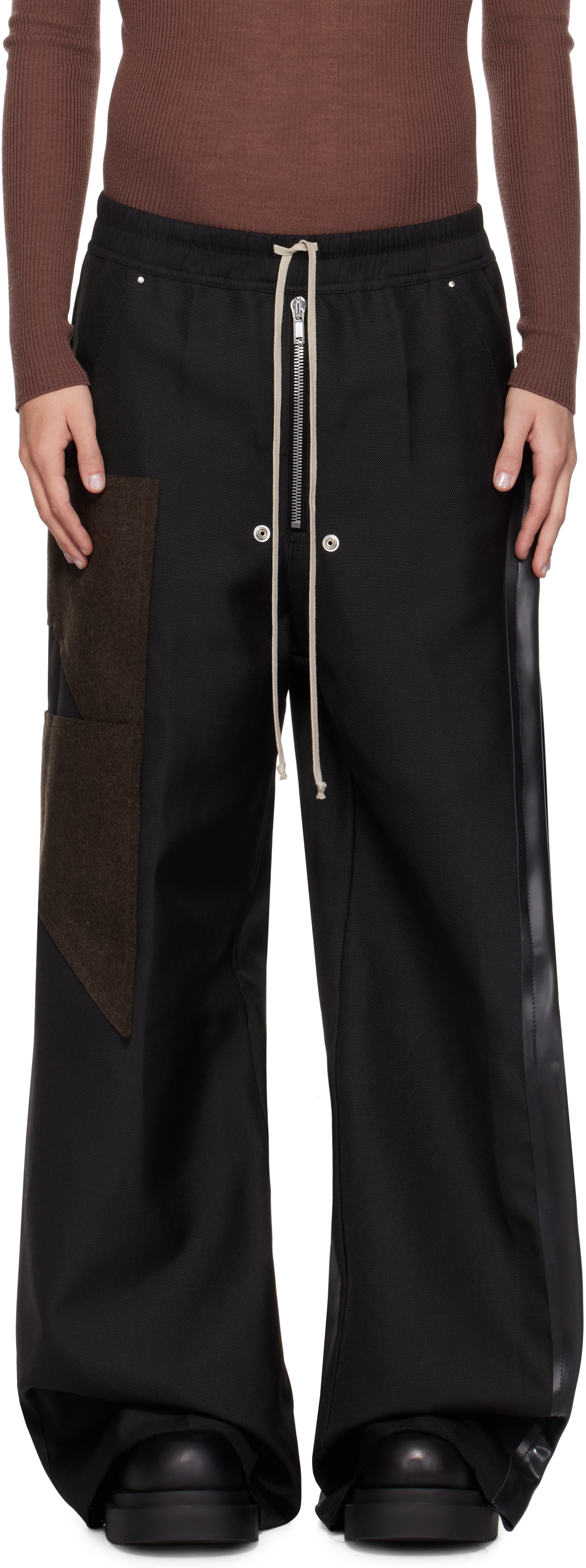 Rick Owens Bela Wide-leg Recycled Rubber And Loden Felt-trimmed Cordura® Drawstring Trousers In Black