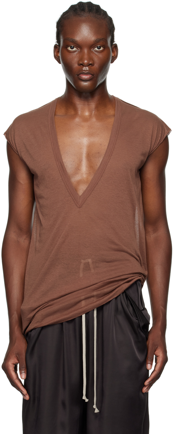 【関税込み】Rick Owens ブラウン Porterville Level Tシャツ Brown Porterville Deep V SL T-Shirt by Rick Owens on Sale