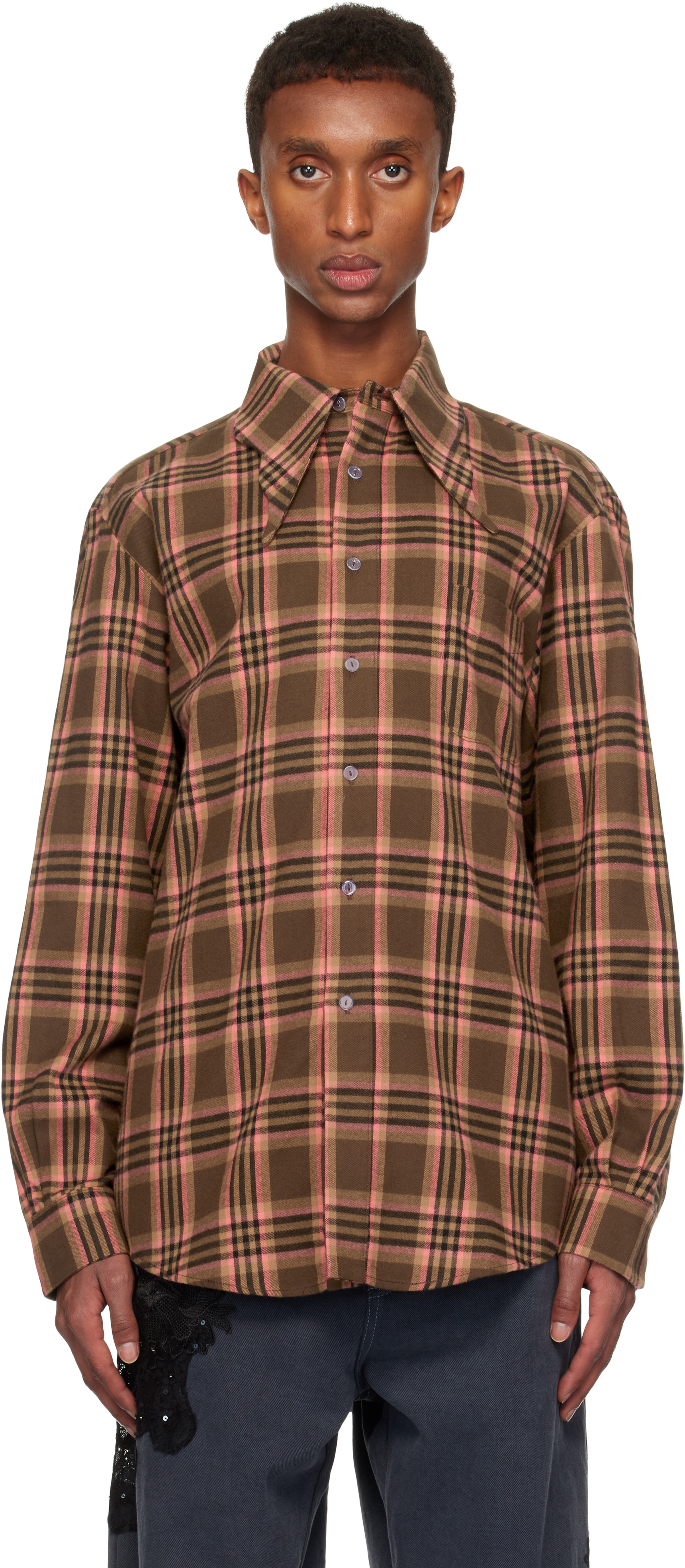 Shop Collina Strada Pink & Brown Bat Button Shirt In Pink Brown Plaid