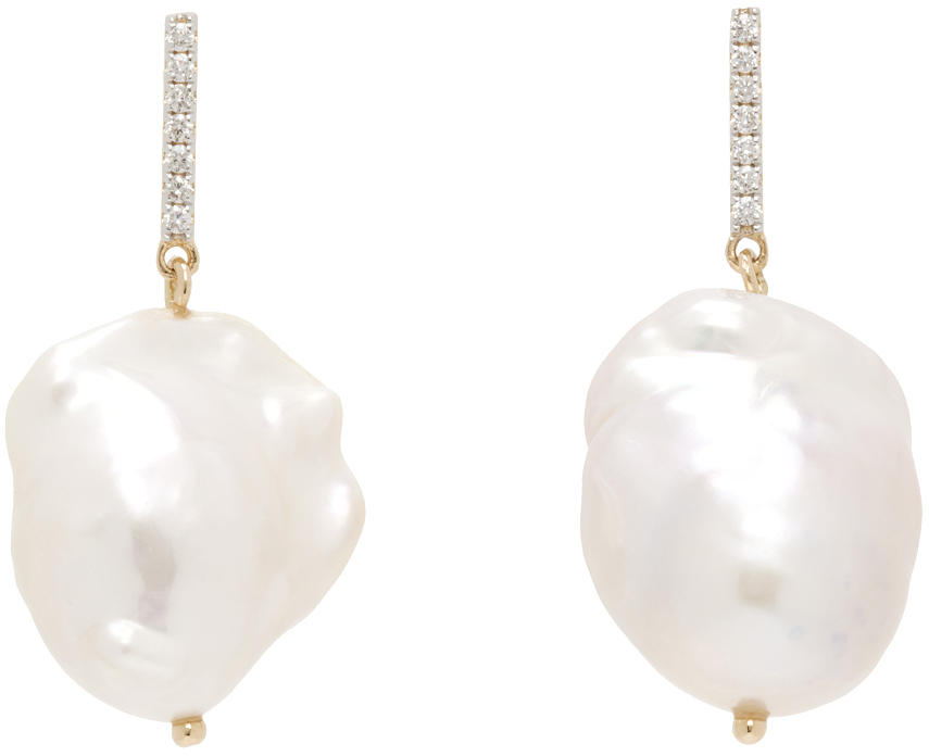 Gold Diamond Bar Baroque Pearl Earrings