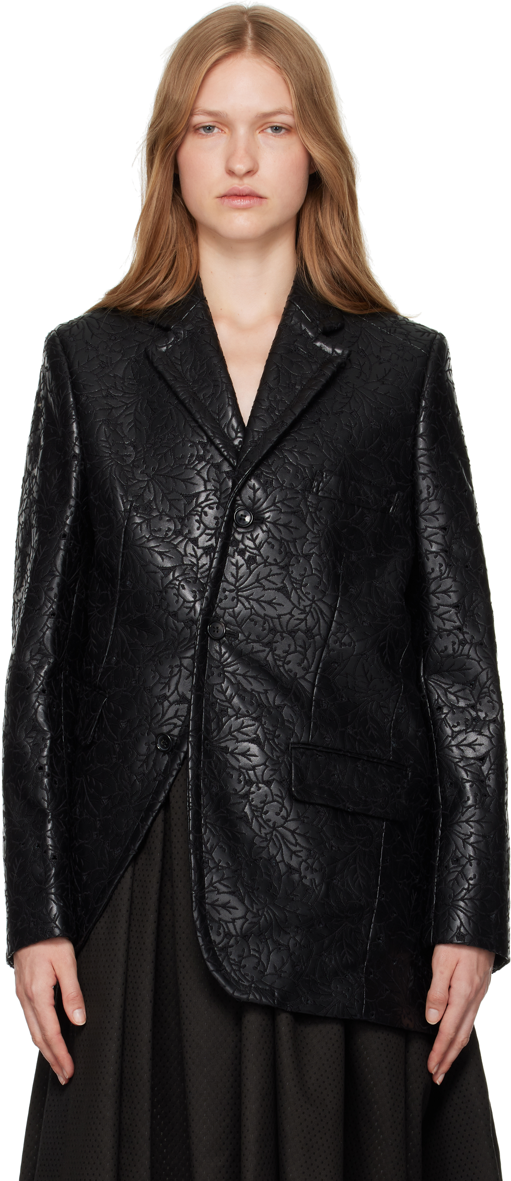 Shop Comme Des Garçons Black Faux Leather Allover Embroidery Blazer In 1 Black