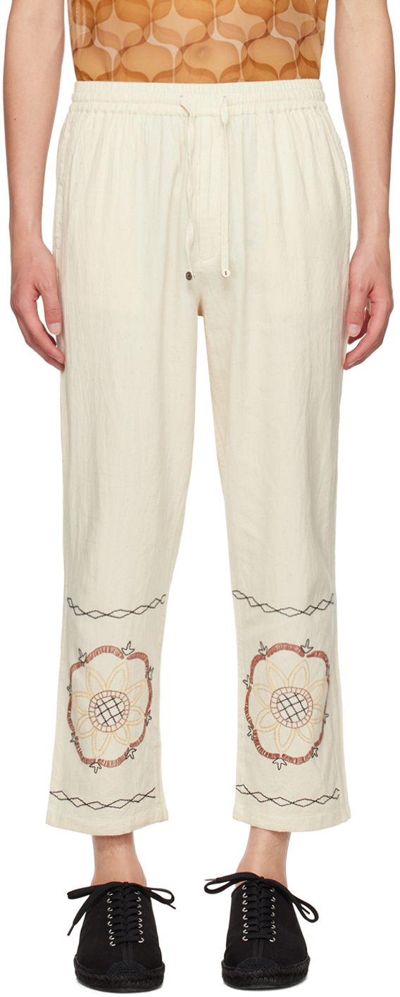 Shop Harago Off-white Embroidered Trousers In Off White