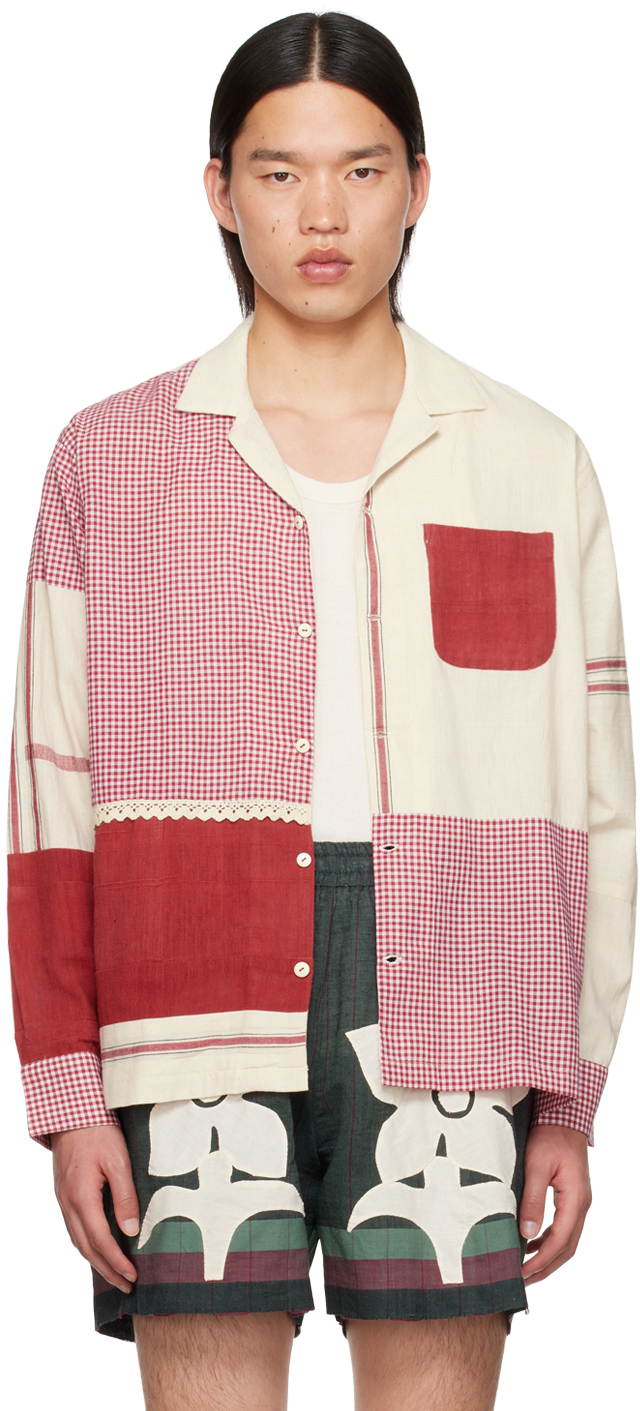 HARAGO: Red & Off-White Patchwork Shirt | SSENSE