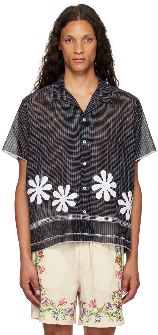 Shop Harago Black Floral Appliqué Shirt