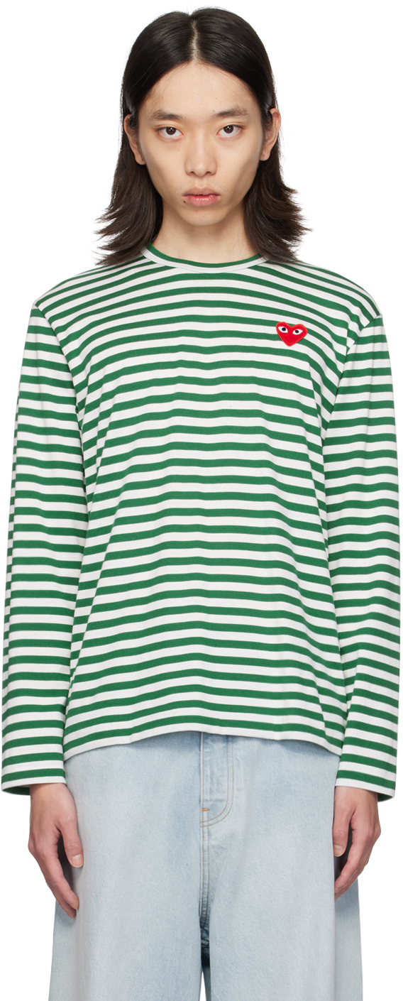 Shop Comme Des Garçons Play Green & White Heart Long Sleeve T-shirt In 3 Green