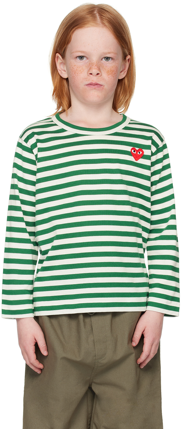 Shop Comme Des Garçons Play Kids Green & White Striped Long Sleeve T-shirt In 3-green