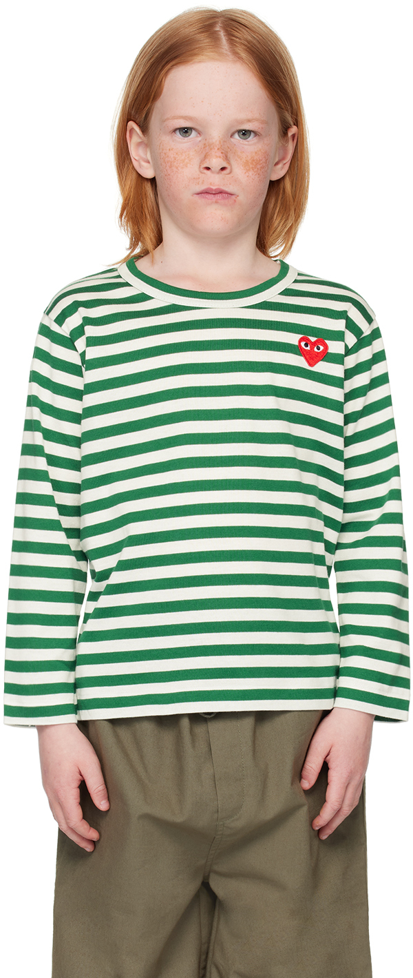 Comme Des Garçons Play Kids Green & White Striped Long Sleeve T-shirt In 3-green