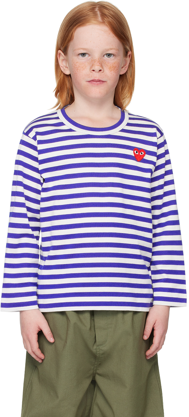 Shop Comme Des Garçons Play Kids Blue & White Striped Long Sleeve T-shirt In 2-blue