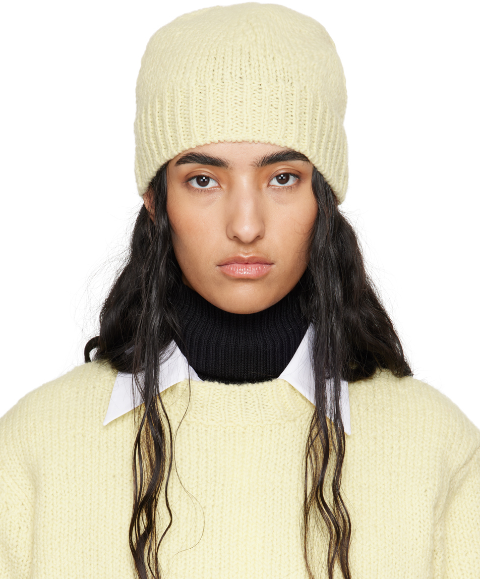 Jil Sander Yellow Irregular Texture Wool Beanie In 745 Pistacchio Cream