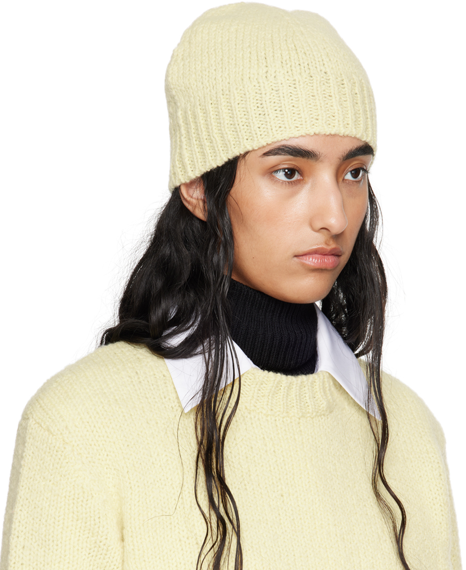 Jil Sander Yellow Irregular Texture Wool Beanie In 745 Pistacchio Cream