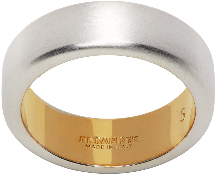 Shop Jil Sander Silver & Gold Band Ring In 049 Silver/gold