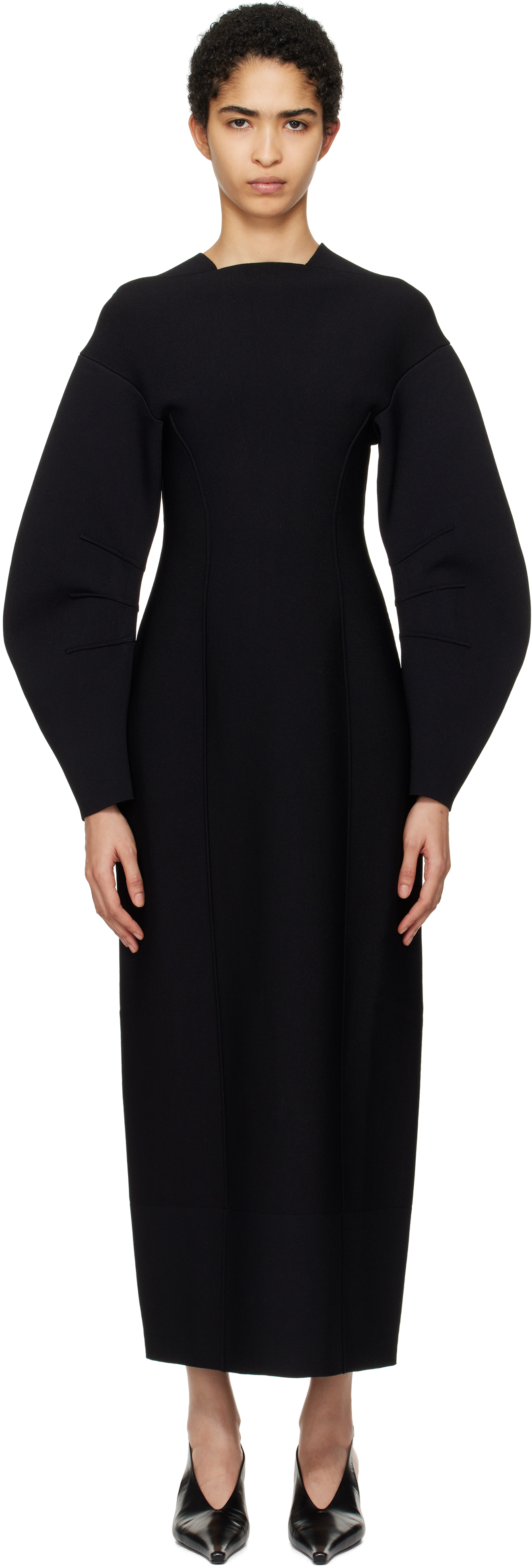 Black Squareneck Longsleeve Knitted Midi Dress