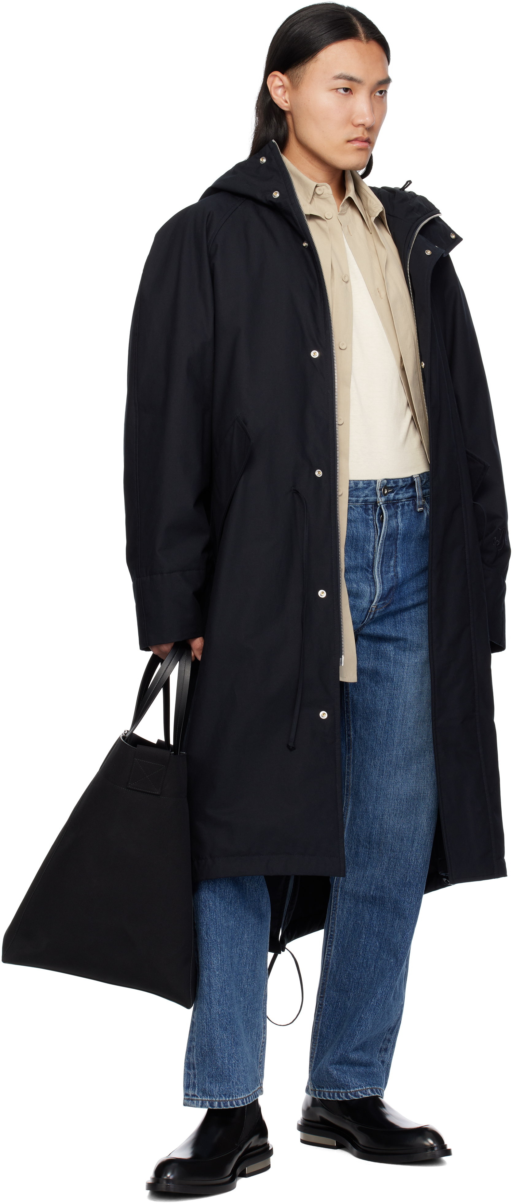 Jil Sander Black Utility Lg Tote In 002 Pitch Black/raw